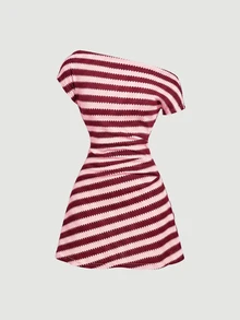 SHEIN MOD 條紋不對稱領修身度假迷你洋裝 - 紅色 - 查看 3