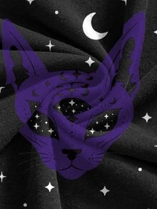 ROMWE Grunge Punk 暗黑龐克貓咪萬聖節月亮星星大尺碼背心上衣 黑色 - 黑色 - 查看 3