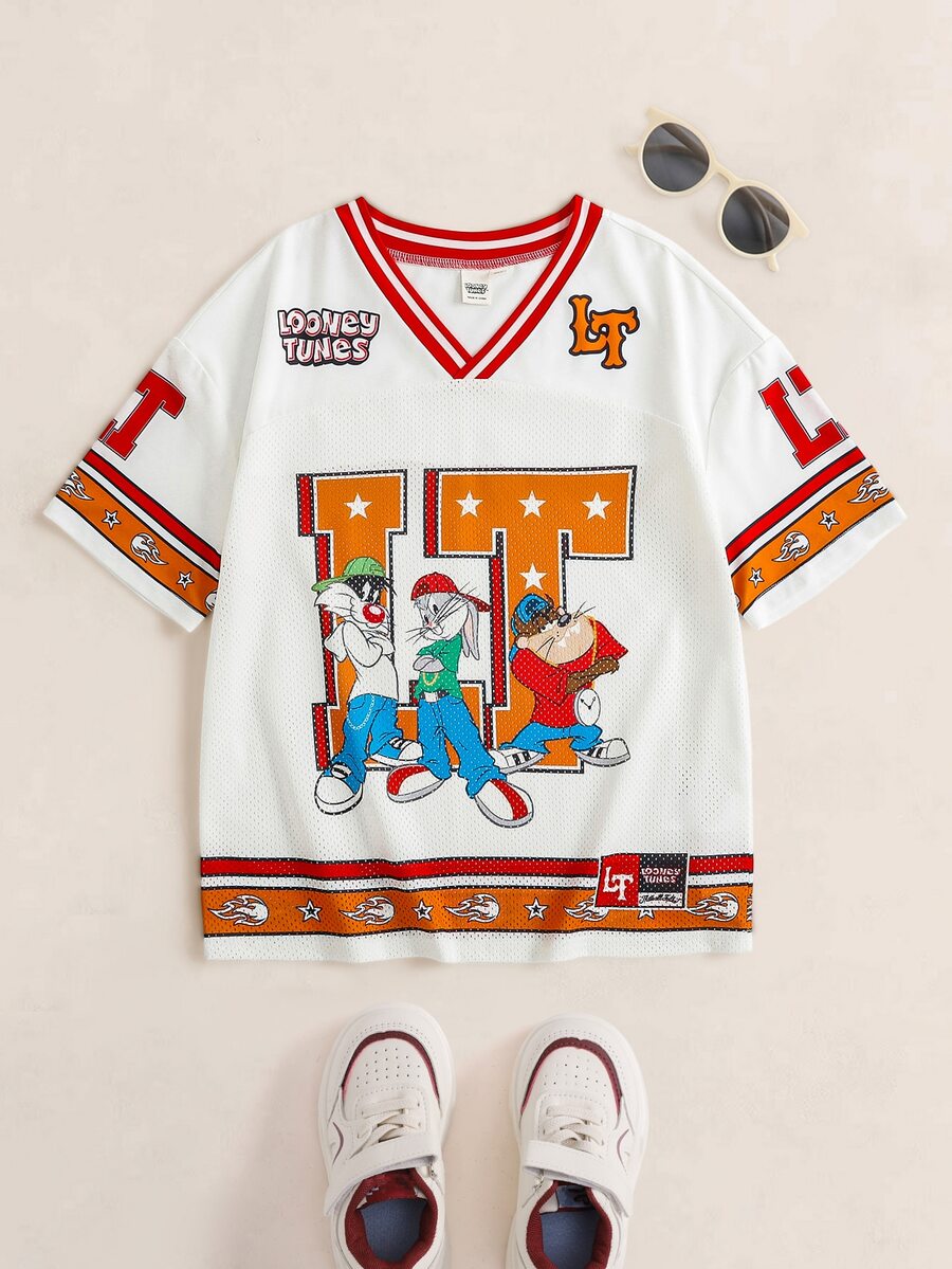 LOONEY TUNES X SHEIN Tween Boy Letter Print V-Neck Short Sleeve T-Shirt - White - View 1