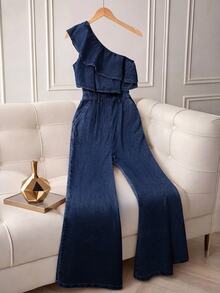 GlowEve Women's Patchwork Ruffle One Shoulder Sleeveless Fashion Denim Jumpsuit - Blue - View 2