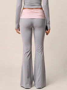 SHEIN BAE Women Light Pink High Waist Flare Pants Gym Workout Training Running Yoga Athletic Low Waisted Activewear Pilates Gym Summer - Light Grey - View 5