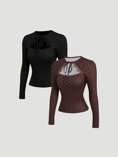 SHEIN EZwear Spring/Autumn New Chinese Style Halter Neck Hollow Out Lace Trim Long Sleeve T-Shirt, Black And Brown Polka Dot Set With Tie Waist Slimming Versatile Women's Top