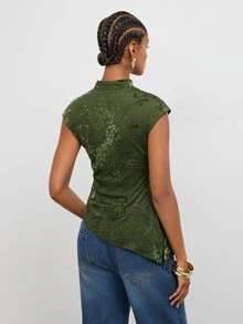 Maija Dark Green Velvet Jacquard Women's Top New Chinese Style Frog Button Short Sleeve Summer Waist-Cinching Slim Fit Elegant Vintage 90s Retro Brunch - Green - View 7