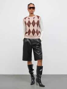 Maija Grey-Brown Plaid Sleeveless Sweater For Women, Urban Casual - Grey - View 2