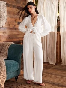 Lullawish Bohemian Long Sleeve Long Pants Women's Pajama Set, Wearable - White - View 3