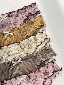 PetitDoll 5pcs/Set Women's Sweet Ditsy Floral Ruffle Trim Ribbed Triangle Panties - Multicolor - View 3