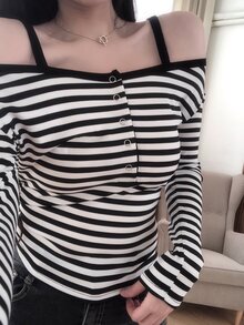 DAZY Women's Striped Korean Style Long Sleeve Spring/Autumn T-Shirt Vacation - Black and White - View 7