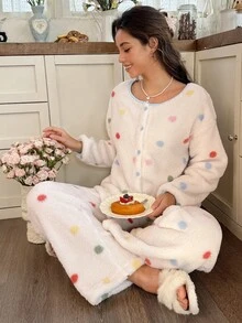 Snug Reverie طقم ملابس منزلية نسائي من قطعتين، بنقاط بولكا ملونة بتصميم رومانسي لطيف ومنعش، من الفليس ثنائي الوجه مع حواف متباينة، بأكمام طويلة وبنطال طويل - متعدد الألوان - مشاهدة 3