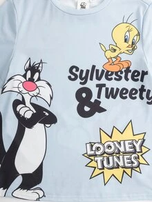 LOONEY TUNES X SHEIN 青少年男孩圓領短袖休閒百搭T恤 - 藍色 - 查看 4