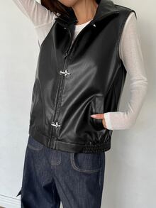 K-Vae Women's Black Zipper Front Casual PU Leather Vest Jacket - Black - View 3