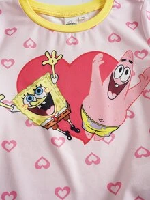 SpongeBob SquarePants | SHEIN Young Girl Cartoon Print Short Sleeve Top And Shorts Casual Daily Home Sleepwear Set - Baby Pink - View 4
