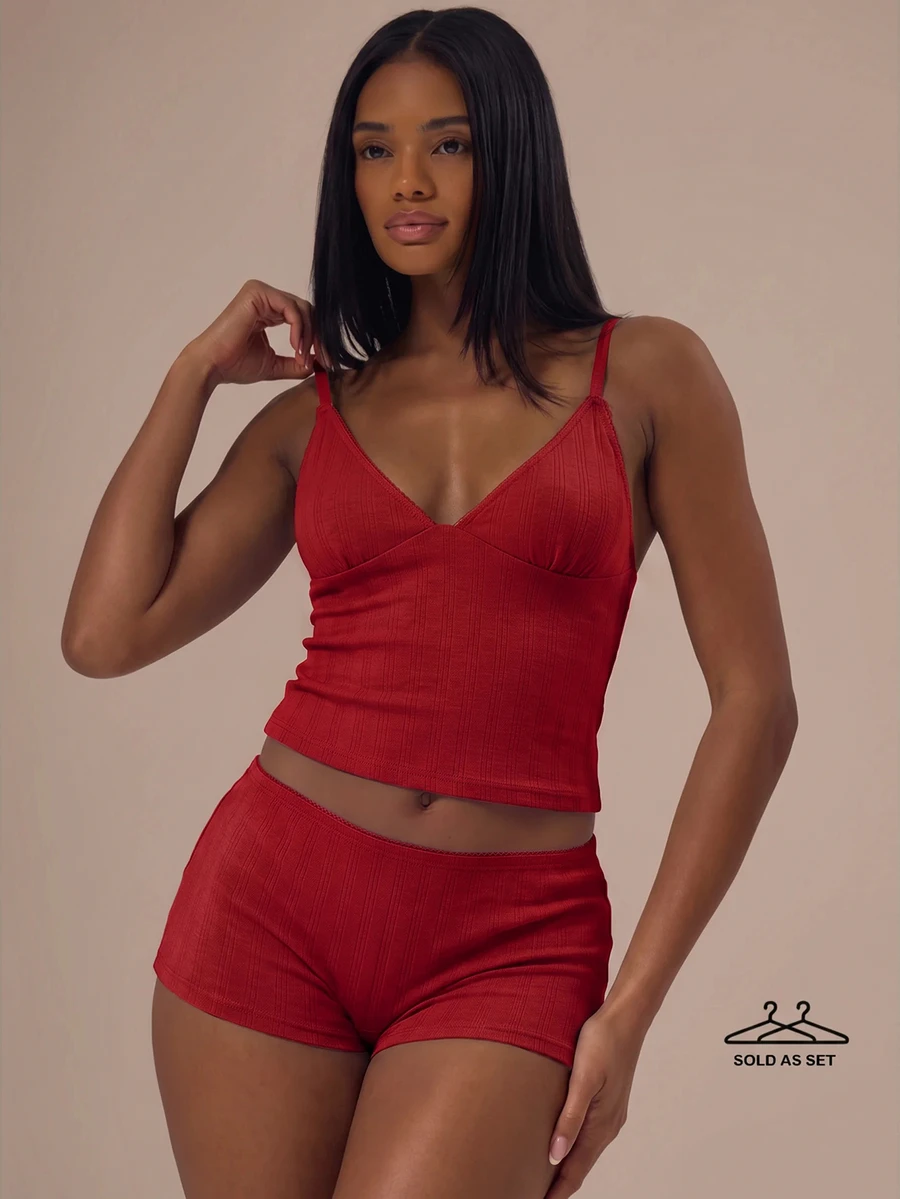 MUSERA Pointelle Triangle Adjustable Strap Cami Top With Picot Trim Fitted Boy Shorts Two Pieces Set Lingerie Evening Everyday Summer - Red - View 1
