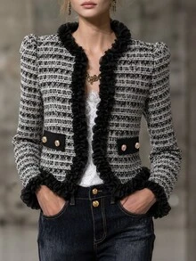 LUMIGAL Women's Long Sleeve Patchwork Black Chiffon Lace Jacket - Black - View 1