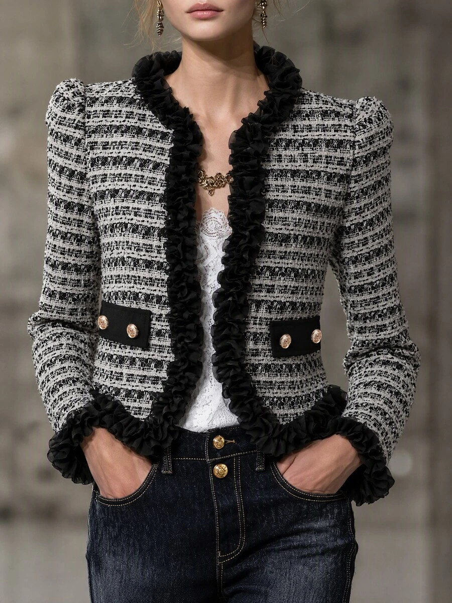 LUMIGAL Women's Long Sleeve Patchwork Black Chiffon Lace Jacket - Black - View 1