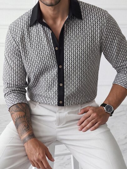 HUEFORM Men's Vintage Geometric Print Single-Breasted Long Sleeve Shirt
