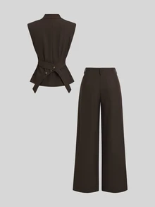 Sweetra Autumn/Winter Fashion Design Women's Brown Sleeveless Blazer With Waist-Cinching Slimming Fit, Paired With Wide-Leg Straight Suit Pants, Casual Commuter Style 2 Pieces Suit Set - Brown - View 2