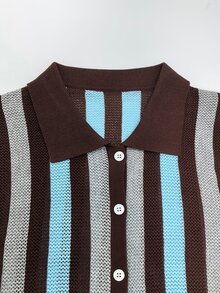 Solivie 女款秋季針織上衣，棕色條紋 Polo 領，休閒復古 70s 80s 風格，適合日常穿著、約會之夜、度假穿搭、社交場合與日常工作 - 彩色 - 查看 5