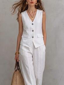 SHEIN Women's Casual Commuter Vest & Long Pants 2 Pieces Set - White - View 7