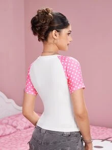 HELLO KITTY AND FRIENDS | SHEIN Women's Polka Dot Cartoon Print Fitted Versatile Casual Short Sleeve T-Shirt - White - View 2