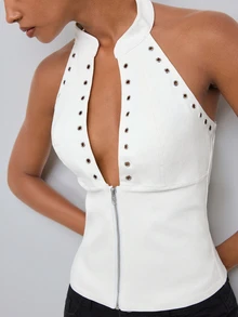 Maija Women's Sexy Zipper Halter Neck Sleeveless Top,Going Out Outfis,Fall Clothes - White - View 7