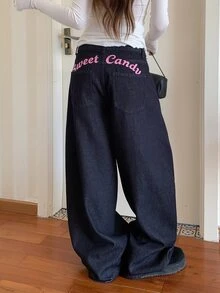 DAZY Women's Loose Casual Letter Decor Denim Jeans Fall - Dark Wash - View 5