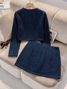 GlowEve Fashion Women's Button-Front Cropped Jacket And Skirt Washed Denim Set - Dark Wash - View 3