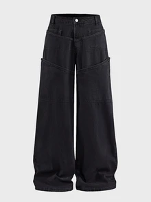 AXEPEAK Men's Washed Black Gray 4-Button Detachable Waist Fashion Long Pants - Black - View 1
