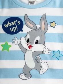 LOONEY TUNES X SHEIN 男嬰條紋圓領長袖上衣與長褲居家休閒套裝 - 藍色 - 查看 4