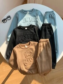 SHEIN 6件組小男孩可愛休閒冬季開學字母與熊圖案長袖秋季運動衫與慢跑褲套裝，兒童服飾 - 黑色 - 查看 9