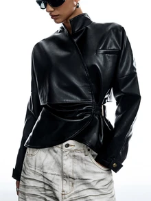 LYSMO Women's Autumn/Winter New Solid Color PU Leather Long Sleeve Pleated Fashion Jacket - Black - View 3