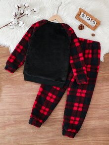SHEIN Kids Tween Boy Colorblock Patchwork Letter Embroidered Plush Fabric Loungewear 2 Pieces Set Autumn Winter - Red - View 2