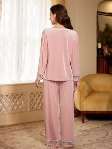 PalaceNights Women's Embroidered Lace Velvet Winter Set - Pink - View 2