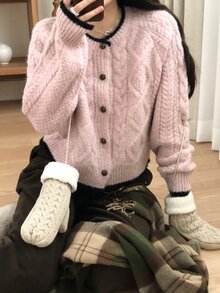 DAZY Women's Contrast Color Korean Style Long Sleeve Cardigan, Autumn/Winter - Pink - View 3