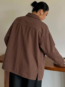 Dazy Plus Lapel Loose Long Sleeve Open Front Denim Jacket, Urban Casual Washed Denim Loose Jacket, Plus Size Autumn New Arrival - Brown - View 2