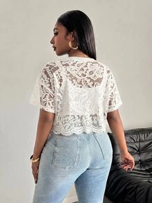SHEIN PETITE CURVE 大尺碼女款法式性感透視蕾絲上衣 - 白色 - 查看 2