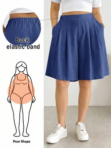 Shapeblank 大尺碼女款純色高腰口袋百褶寬腿短褲 - 寶藍色 - 查看 1