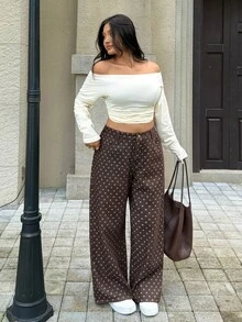 Flexra Plus Size Polka Dot Print Straight Leg Jeans Vacation Fashion Week 1960s 80s  Fall Auutumn Wide Brown Academic Style Retro Sportswear Campus
Campus - Brown - View 4