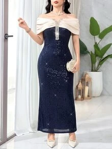 Modelyn Women's Contrast Color Off-Shoulder Patchwork Sequin Elegant Glamorous Long Dress - Blue - View 4