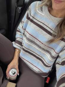Livesso Women's Autumn/Winter Casual Colorblock Striped Sweater - Grey - View 1
