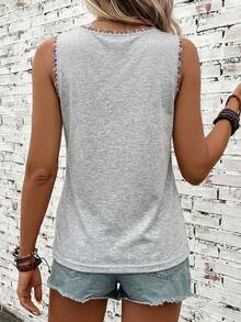 SHEIN LUNE 休閒極簡風拼色滾邊刺繡夏季女款背心 - 灰色 - 查看 2