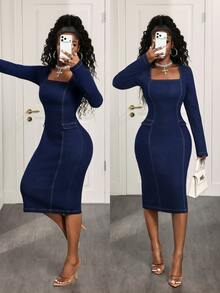 BamGleam Women's Square Neck Long Sleeve Slim Fit Elegant Denim Dress - Dark Wash - View 1