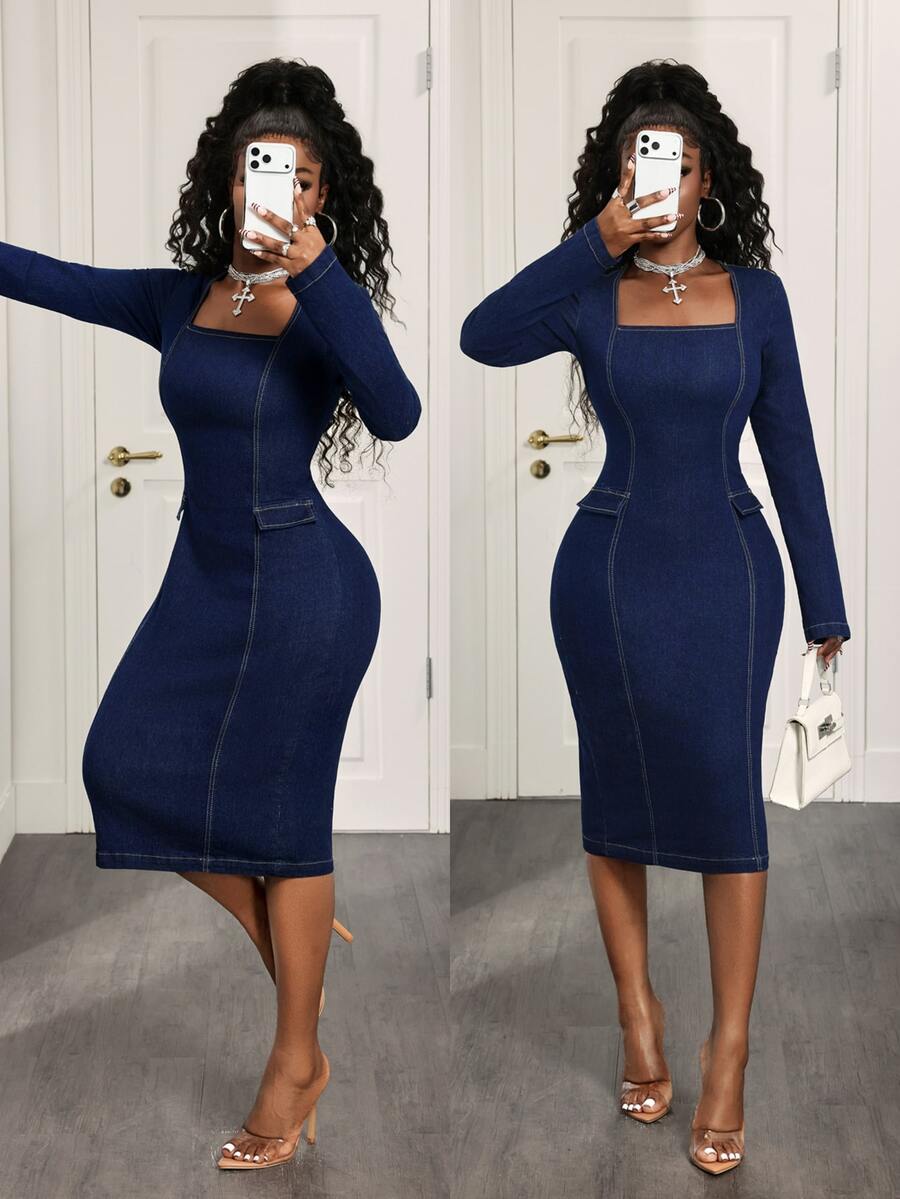 BamGleam Women's Square Neck Long Sleeve Slim Fit Elegant Denim Dress - Dark Wash - View 1