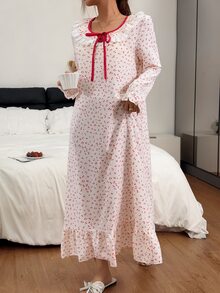 Napfluff Women's Standard Size Cherry Print Ruffle Trim Long Sleeve Nightgown, Lace Collar Decor Pajamas, Cute Style, Suitable For Home And Outdoor Wear, All Season - Apricot - View 3