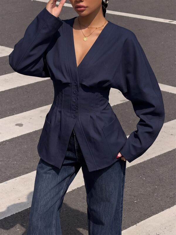 Muchica Navy Blue Casual Plus Size Women's Batwing Long Sleeve Single-Breasted Jacket Fall