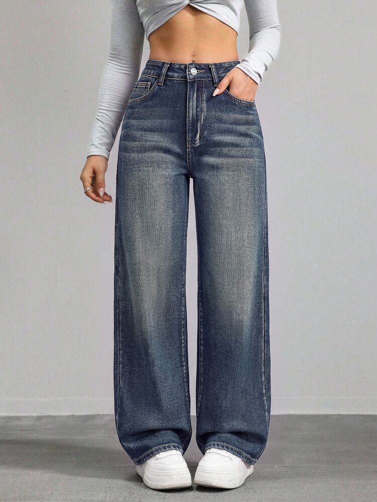 SHEIN PETITE Women's Casual Washed Straight Leg Jeans - Dark Wash - View 3