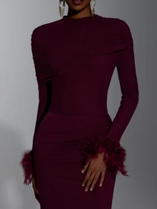 Elitara New Elegant Angora Red Mesh Long Sleeve Fluffy Ruched Fitted Bodycon Maxi Dress For Women, Wedding, Formal Occasions, Bridesmaid Dress - Burgundy - View 7