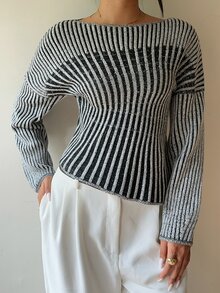 RiviMae Women's Colorblock Design Pullover Sweater - Black and White - View 7