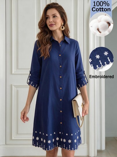 Medorina Women's Embroidered Rolled Sleeve Single-Breasted Casual Shirt Midi Dress