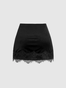 Sweetra Y2K Patchwork Eyelash Trim Commuter Casual Elegant Versatile Slimming Party Skirt - Black - View 2