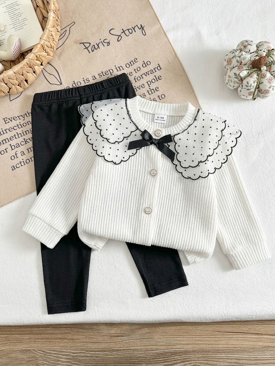 SHEIN Playful Pals 女嬰幼兒新生兒 0-3 歲秋冬時尚外出針織毛茸茸羅紋 3D 蝴蝶結開襟外套 + 緊身長褲套裝 - 灰色 - 查看 1